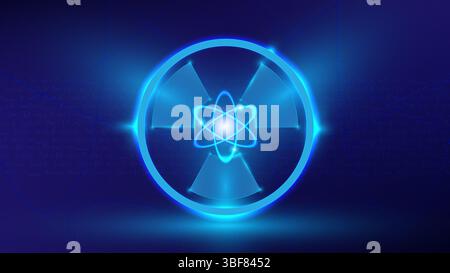 Vor einem tiefblauen Hintergrund zeigt das dreiflügelige Nuklearsymbol, insbesondere das atomare Strahlungsemblem, deutlich Atomkraft, Technologie, an Stockfoto