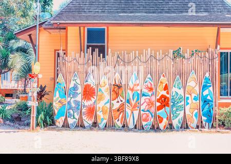 Surfbrett mit einer bunten Wand am Strand Stockfoto