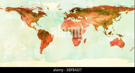 Sehr detaillierte, farbenfrohe geografische Weltkarte Stockfoto