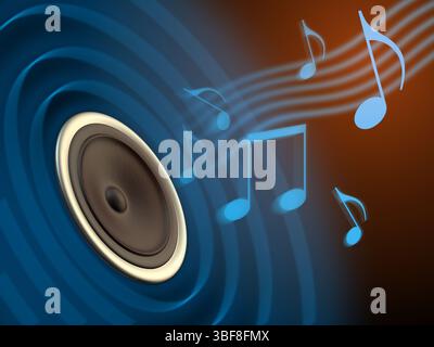 Musik, die aus einem Lautsprecherkegel kommt. Digitale Illustration. Stockfoto