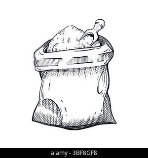 Öffnen Sie den Sack Mehl mit einem Messlöffel zum Gießen von Mehl, von Hand in Vektor gezogen. Vektorabbildung. Geeignet zum Bedrucken auf Stoff, Papier, Lebensmittelverpackungen Stock Vektor