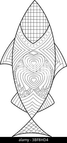 Eine detaillierte schwarz-weiße Strichgrafik-Illustration eines Fisches, gefüllt mit komplizierten abstrakten Mustern, einschließlich Herzen, Kreisen und geometrischen Mustern. Stock Vektor