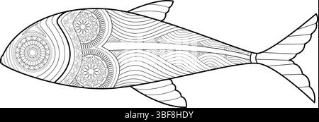 Detaillierte schwarz-weiße Umrissdarstellung eines Fisches mit komplizierten Mustern im Mandala- und zentangle-Stil im Körper. Perfekt zum Färben Stock Vektor