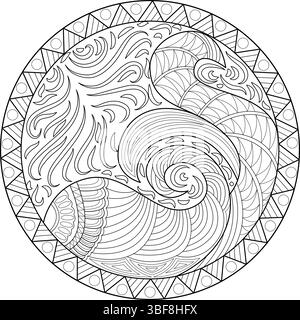 Detaillierte abstrakte Strichgrafik-Illustration mit stilisierten Fischformen und Meereswellen in einem kreisförmigen Rahmen mit Stammesmustern. Ideal für Farbstoffe Stock Vektor