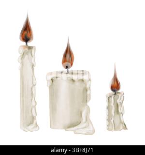 Kerzenset mit Feuer. Brennende und schmelzende gotische Wachskerzen. Ritual- und Kirchenzubehör. Kerzen in verschiedenen Formen. Aquarellabbildung Stockfoto