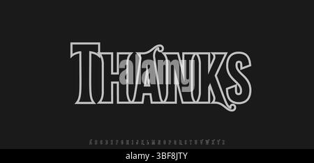 Dankeschön Text in auffälligem Vintage Gothic Serifenstil. Danksagung für Rock, Biker, Tattoo Design, Grußkarte, Abonnenten Nachricht. Alte westliche Schriftart Stock Vektor