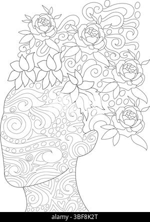 Schwarz-weiße Umrissdarstellung des Kopfes einer Frau im Profil, verziert mit komplizierten abstrakten Mustern und üppigen Blumenelementen im Haar. Leistung Stock Vektor