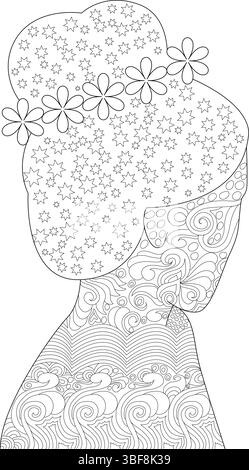 Schwarz-weiße Strichgrafik-Illustration einer abstrakten Frau oder eines Blumenmädchens mit komplizierten Mustern und Blumen im Haar. Geeignet zum Ausmalen von Büchern Stock Vektor