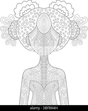 Komplexe schwarz-weiße Strichgrafik-Illustration einer stilisierten Figur mit detaillierten abstrakten und geometrischen Mustern, perfekt für die Färbung von Erwachsenen b Stock Vektor