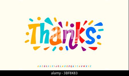Farbenfrohe, verspielte Danksagung für Abonnenten und Follower. Kreative Schriftart mit auffälligen Buchstaben und dynamischen Formen für Logo, Überschrift und Design Stock Vektor