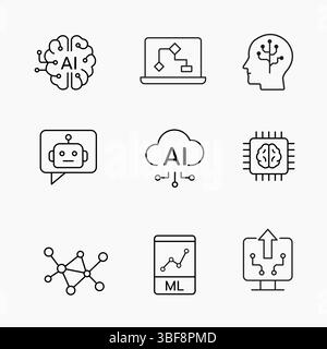 Satz minimalistischer KI-Symbole, die Robotik, maschinelles Lernen, Gesichtserkennung und -Automatisierung sowie Vektorillustration zeigen Stock Vektor