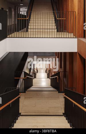 Blick auf eine moderne Innentreppe mit symmetrischem Design mit warmen holzgetäfelten Wänden auf der einen Seite und dunklen Fliesen auf der anderen Seite. Stockfoto