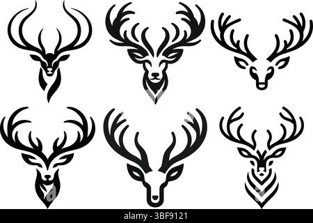 Vektor Hirschkopf-Logo-Set | gestylte Symbole in Schwarz und weiß im Geweih-Design Stock Vektor