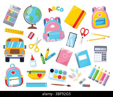 Großes Set an Schulutensilien. Zurück zur Schule. Schulbus, Notizbücher, Bücher, Satz Buntstifte, Rucksack, Farben, Globus, Schreibwaren. Vektorabbildung in abgewickelter Form. Stock Vektor