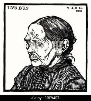 Getreue Reproduktion von Julie de Graags Porträt von Lijs Buss aus dem Jahr 1916. Gemeinfreie Tintenzeichnung aus dem Gemeentemuseum. High-Res für Bücher, Editorial, Pri Stockfoto
