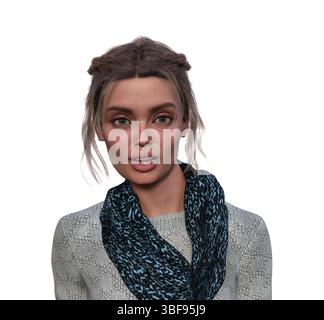 3D-Illustration einer Frau, die einen Schal und einen Pullover mit braunem Haar trägt, mit leicht geöffnetem Mund auf weißem Hintergrund. Stockfoto