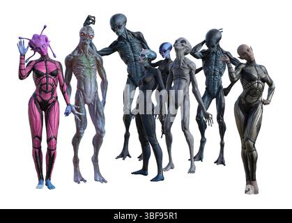 3D-Illustration einer Gruppe von acht Außerirdischen in verschiedenen Posen auf weißem Hintergrund. Stockfoto
