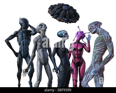 3D-Illustration einer Gruppe von fünf Aliens in verschiedenen Posen mit einem UFO im Hintergrund auf weißem Hintergrund. Stockfoto