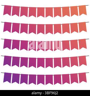 Farbenfrohe Fahnen und bunte Girlanden zur Dekoration. Dekoelemente mit verschiedenen Mustern. Vektorabbildung Stock Vektor