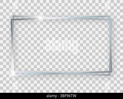 Doppelter silberner, glänzender rechteckiger 16x9-Rahmen mit leuchtenden Effekten und Schatten auf transparentem Hintergrund. Vektorabbildung Stock Vektor