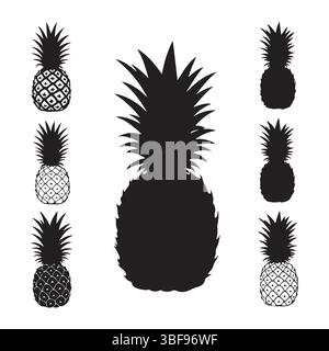 Silhouettenset Ananas auf weißem Hintergrund Stock Vektor
