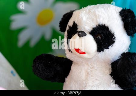 Ein Plüschtier aus Panda befindet sich in einer Innenumgebung mit leuchtenden Farben. Das Spielzeug hat ein markantes schwarz-weißes Fell und wirkt einladend und Stockfoto