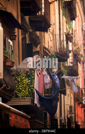 Mann auf Balkon im historischen Zentrum von Neapel. Neapel, Italien. Centro Storico. Stockfoto