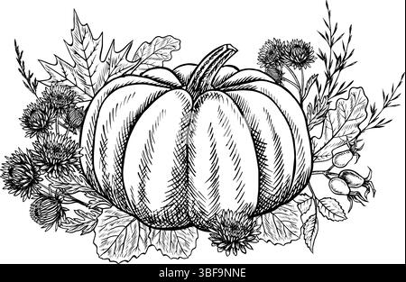 Herbstkomposition mit Kürbis und Pflanzenelementen. Vektorgrafiken. Handgezeichnete Schwarzweiß-Illustration. Für Gruß- und Einladungskarten Stock Vektor