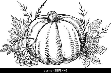 Herbstkomposition mit Kürbis und Pflanzenelementen. Vektorgrafiken. Handgezeichnete Schwarzweiß-Illustration. Für Gruß- und Einladungskarten Stock Vektor