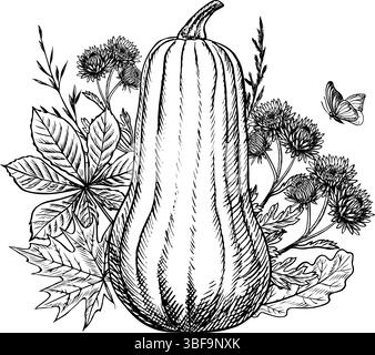 Herbstkomposition mit Kürbis und Pflanzenelementen. Vektorgrafiken. Handgezeichnete Schwarzweiß-Illustration. Für Gruß- und Einladungskarten Stock Vektor