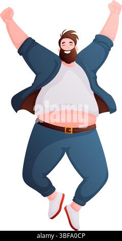 Zeichentrickzeichnung eines fröhlichen Mannes, der mit erhobenen Armen springt. Der Mann hat einen Bart, übergewichtig und trägt legere Kleidung, zeigt einen Moment o Stock Vektor