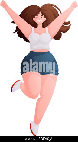 Diese fröhliche Illustration zeigt eine lächelnde Frau mit braunem Haar, die mit erhobenen Armen in die Luft springt. Sie trägt legere Kleidung und strahlt Energie aus Stock Vektor