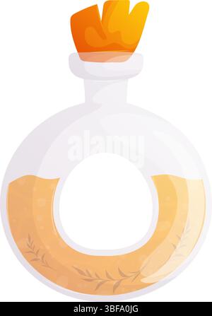 Diese Abbildung zeigt eine lustige, gerinnte Tränkflasche im Cartoonstil. Er ist mit einer orangefarbenen Flüssigkeit gefüllt und mit einem hellorangefarbenen Stopfen versiegelt Stock Vektor