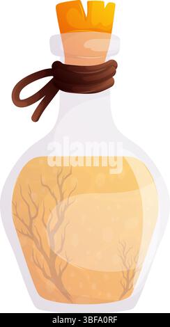 Eine Zeichentrickdarstellung einer Glasflasche gefüllt mit einer gelben Flüssigkeit mit einer Baumsilhouette. Die Flasche ist mit einem Korkstopfen verschlossen, der mit einem verschlossen ist Stock Vektor