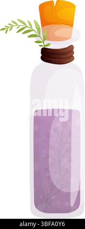 Eine skurrile Illustration einer klaren Glasflasche, gefüllt mit einem lila Lavendeltrank, versiegelt mit einem Korken und verziert mit einem kleinen Zweig Grün, Stock Vektor