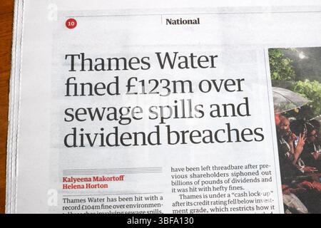„Thames Water hat 123 Millionen Pfund wegen Verschüttungen von Abwasser und Dividendenverstößen bestraft“ Guardian-Zeitung übertitelt Verschmutzung artikel 28 Mai 2025 London England Vereinigtes Königreich Stockfoto
