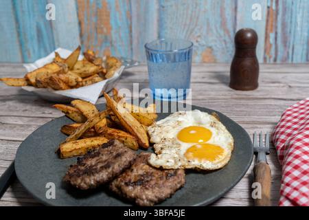 Zwei saftige, hausgemachte Hamburger mit Spiegeleiern und gerösteten Kartoffeln sorgen für ein erfüllendes und zufriedenstellendes Essen Stockfoto