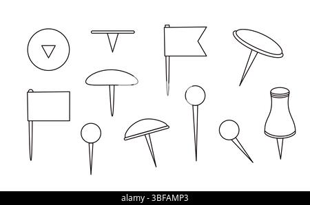 Zeichnung Pins Set Umriss Hand gezeichnet Kritzelvektor Illustration, Push Pins Bürobedarf Elemente, Schreibwaren Clipart Stock Vektor