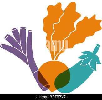 Farbsymbole für frisches Gemüse. Frühlingszwiebeln, Rüben, Auberginen. Symbol für natürliche vegetarische Lebensmittel. Logotypvorlage für ökologische/biologische Betriebe. Stock Vektor