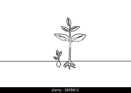 Einfache durchgehende Darstellung einer Pflanze, die Wachstum in Schwarz-weiß-Stil darstellt Stock Vektor