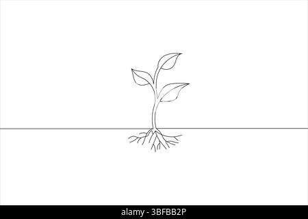 Einfache Strichkunstdarstellung einer jungen Pflanze, die mit Wurzeln und Blättern wächst Stock Vektor