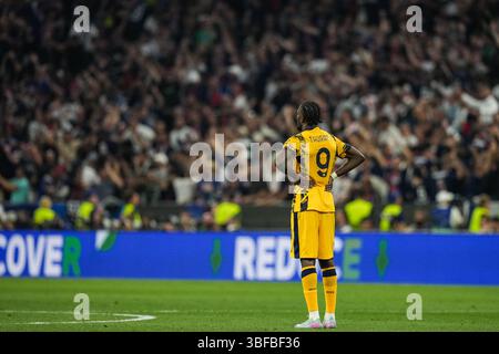 München, Deutschland. 31. Mai 2025. Marcus Thuram von Inter Mailand reagiert beim Endspiel der UEFA Champions League zwischen Paris Saint-Germain und Inter Mailand am 31. Mai 2025 in München. Quelle: Peng Ziyang/Xinhua/Alamy Live News Stockfoto