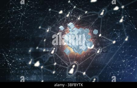 Konzeptionelle Hintergrundbild mit Cube Figur und sozialen Anschlussleitungen. 3D-Rendering Stockfoto