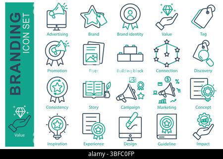 Branding-Symbolsatz. Liniensymbolstil. Mit Symbolwerbung, Markenwerbung, Werbeaktionen und mehr. Vektorillustration für Geschäftselemente Stock Vektor