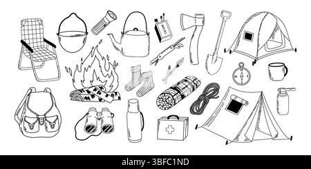 Hand gezeichnete schwarz-weiße Kritzelstil Vektor-Illustration mit einer Sammlung von isolierten Camping-Elementen, einschließlich Zelt, Axt, Wasserkocher, Topf, kni Stock Vektor