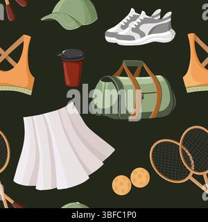 Nahtloses Vektor-Muster in handgezeichnetem flachen Stil mit Tennisausrüstung und -Bekleidung, einschließlich Schläger, Bälle, Schuhe und Sportbekleidung auf dunklem Hintergrund Stock Vektor