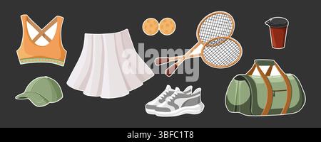 Flache Vektor-Illustration eines handgezeichneten Stickers, der auf dem Thema Tennis gesetzt ist, mit Schlägern, Bälle, Oberteil, Rock, Kappe, Sporttasche und Turnschuhe. Isol Stock Vektor