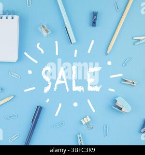 Square Creative flach Draufsicht zurück zu Schule verkauf Förderung Konzept mit Farbe Schul- und Büromaterialien auf hell türkis Papier Tischgestell ba Stockfoto