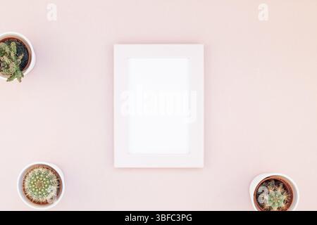 Kreative flach overhead Draufsicht kleine Töpfe mit dekorativen Kakteen Pflanzen mit Kopie Speicherplatz auf Tausendjährigen rosa Papier mock up in minimalistischem Stil. F Stockfoto