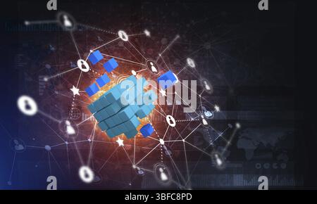 Konzeptionelle Hintergrundbild mit Cube Figur und sozialen Anschlussleitungen. 3D-Rendering Stockfoto
